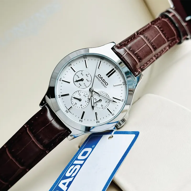 Casio Chronograph Silver Dial Brown Leather Men's Watch- MTP-V300L-7A